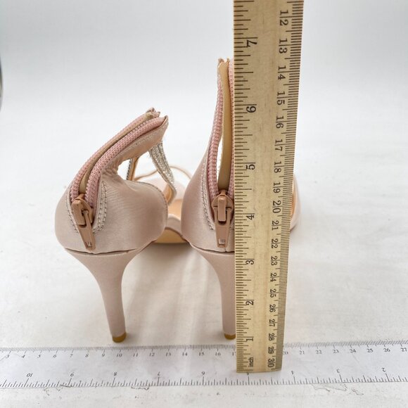 XYD Light Pink Open Toe Rhinestones Ankle Strap Mid Heel Back Zip Satin Sandals - Picture 5 of 8